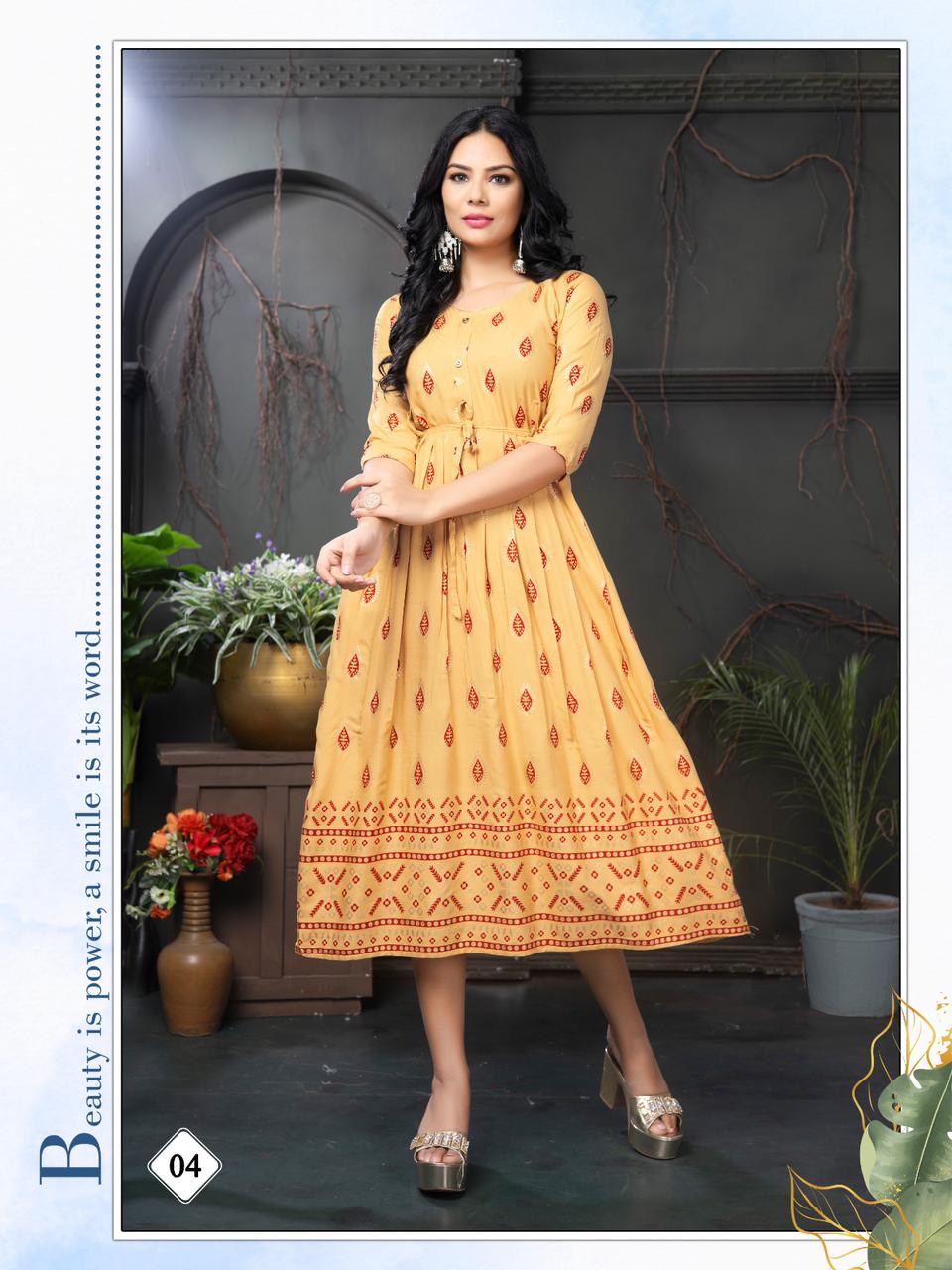 Golden Malini Printed Anarkali Kurtis Catalog
